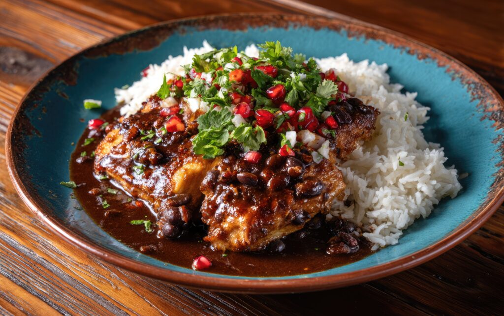 Authentic Mexican chicken mole with fluffy white rice, vibrant cilantro, and fresh pomegranate seeds served on a rustic blue plate, delicious gourmet ethnic cuisine.