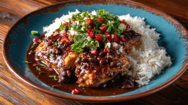 Authentic Mexican chicken mole with fluffy white rice, vibrant cilantro, and fresh pomegranate seeds served on a rustic blue plate, delicious gourmet ethnic cuisine.